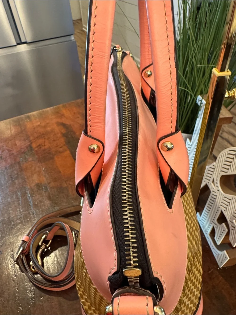 Dooney & Bourke Beacon Woven Embossed Leather Satchel/Crossbody with Pink Trim